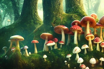Mushrooms grow in a forest. Wonderful fantasy illustration.