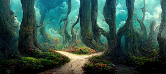 Enchanted magic kingdom forest, majestic ancient old oak trees towering high over the mystical woodland glade in warm autumn colors. Dreamy surreal fairytale fantasy art illustration.