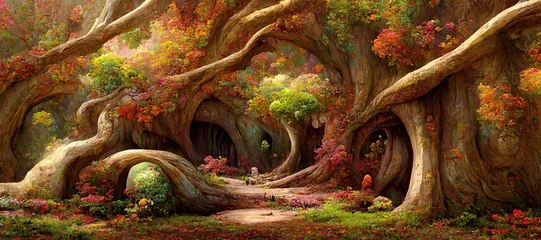 Aluminium Prints Fairy forest Enchanted magic kingdom forest, majestic ancient old oak trees towering high over the mystical woodland glade in warm autumn colors. Dreamy surreal fairytale fantasy art illustration.