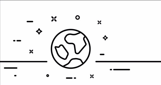 Geography globes. Planet, worldwide, gear, satellite, map pointer, location, destination, travel. Geolocation concept. One line drawing animation. Motion design. Animated technology logo. Video 4K