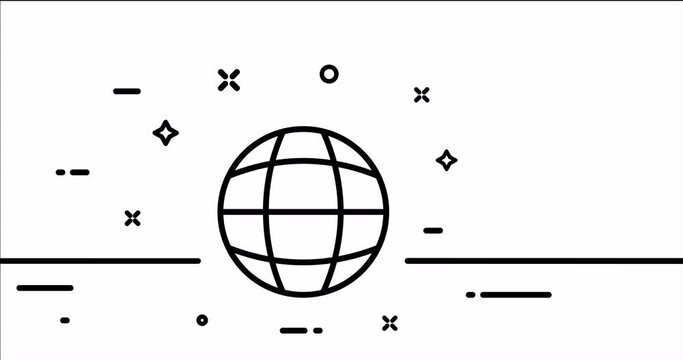 Network globe. Planet, worldwide, gear, satellite, map pointer, location, destination, travel. Geolocation concept. One line drawing animation. Motion design. Animated technology logo. Video 4K