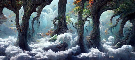Enchanted magic kingdom forest, majestic ancient old oak trees towering high over the mystical woodland glade in warm autumn colors. Dreamy surreal fairytale fantasy art illustration.