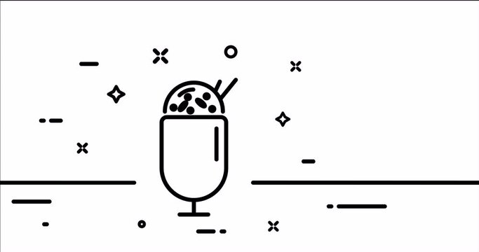 Ice cream. Glaze, chocolate, on a stick, ice cream, frozen juice, in a sugar glass, sweetness. Yummy concept. One line drawing animation. Motion design. Animated technology logo. Video 4K