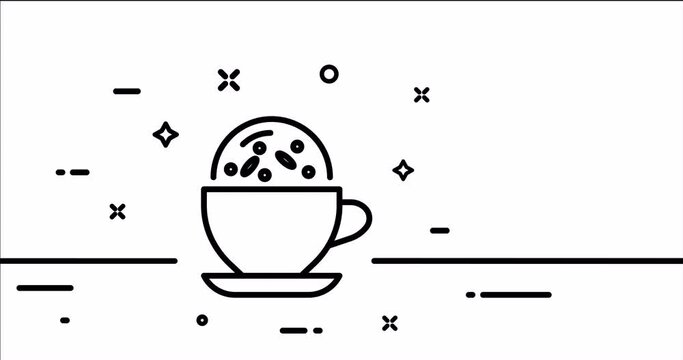 Mug with hot drink. Tea, coffee, cafe, break, time, have a rest, black, brew, tasty, coffee house, caffeine. One line drawing animation. Motion design. Animated technology logo. Video 4K