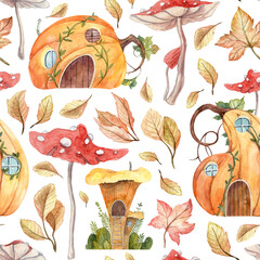 Square seamless pattern with cute autumn mushroom houses and pumpkins with withered leaves. Watercolor hand painted wallpaper and wrapping paper design