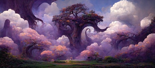 Enchanted magic kingdom forest, majestic ancient old oak trees towering high over the mystical woodland glade in warm autumn colors. Dreamy surreal fairytale fantasy art illustration. - obrazy, fototapety, plakaty
