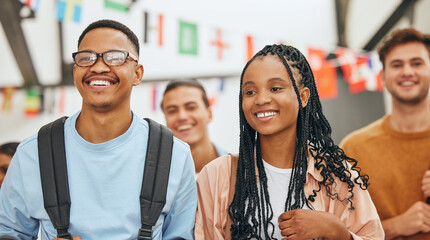 College friends, couple and happy students group at university for education, learning and knowledge together. Young, smile and black people gen z youth walking at campus for back to school studying