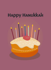 Greeting card or postcard template with Happy Hanukkah lettering and holiday symbols and attributes - menorah, sufganiyah doughnuts, olive branch, flying dove, dreidels.