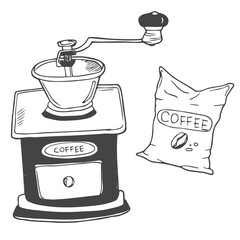 Classic coffee grinder in woden case. Doodle coffee grinder icon in vector. Hand drawn coffee grinder illustration in vector.