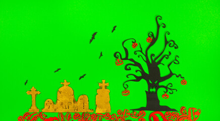 Halloween Tree with Orange Pumpkins on the green screen background.