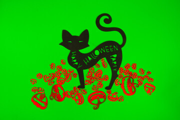 Halloween Pumpkins and Black cat on the green screen background.