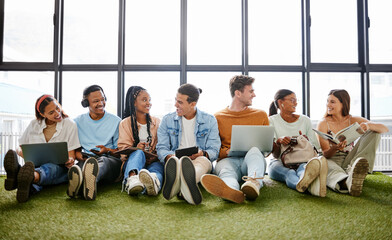 Teamwork, friends and technology with business people working as a team together on creative or design. Collaboration, diversity and startup with a young entrepreneur group in their small office