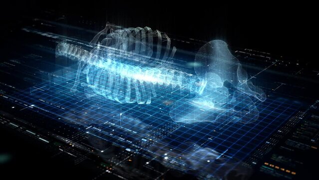 Futuristic biomedical concept of a holographic scanning a patient's backbone for spinal disc herniation diagnosis