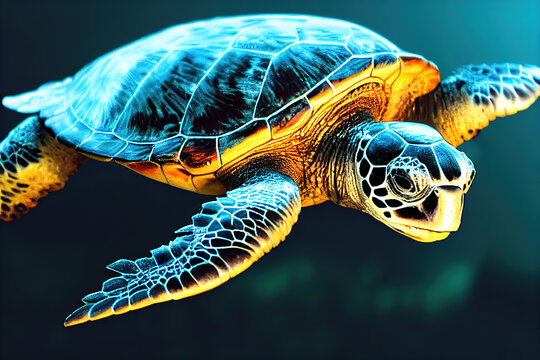 Sea turtle, underwater world, marine fauna. 3D render