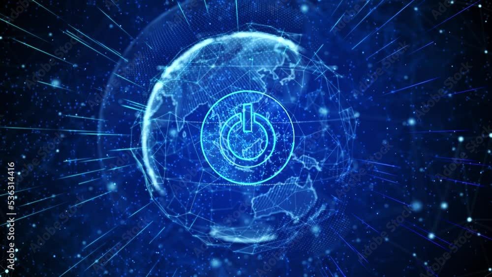 Poster power button digital global technology world network connections loop background. technology, futuri