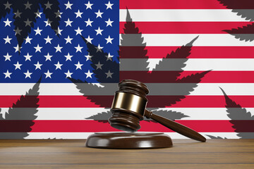 Court gavel in front of national flag of the USA having shadows of cannabis on wooden table. Illustration of the concept of the pardons of federal conviction for marijuana possession - obrazy, fototapety, plakaty