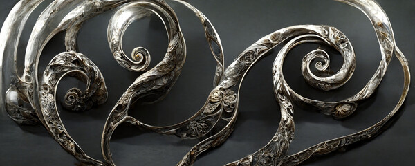 fantasy flowers and wings metal ornamental shapes silver majestic texture