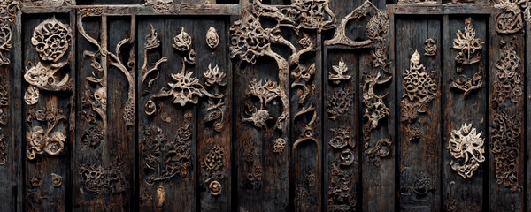 wooden wood texture with ornamental designs carved, skulls, bones