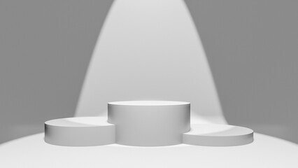 3D pedestals or podium for winners of a competition or challenge, achievement or award celebration concept with spotlight lighting and copy space for text