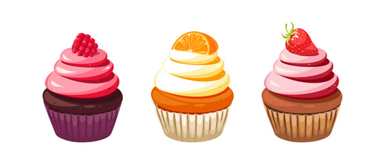 A set of cupcakes.Raspberry, orange, strawberry cupcake.Design elements, menus, advertisements.Vector illustration of sweet pastries.