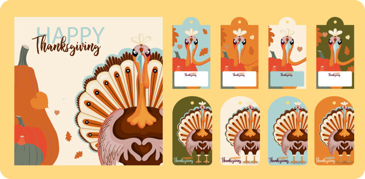 Happy Thanksgiving autumn set. Vector illustration. Thanksgiving digital painting, cute turkey gift tags, cards. Festive background with funny turkeys