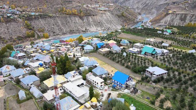4K Aerial Shots of a small Village in Himachal Pradesh India - Apple Orchids in Himalayan Valley 30fps
