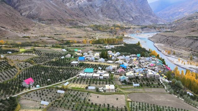 4K Aerial Shots of a small Village in Himachal Pradesh India - Apple Orchids in Himalayan Valley 30fps