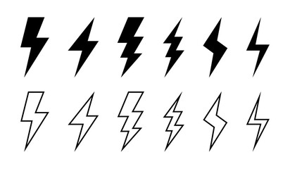 Electric lightning bolt vector icons. Electricity voltage symbol. Simple flat thunderbolt icon collection.