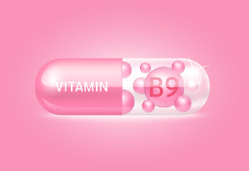 Capsule vitamin B9 structure pink and white It's transparent and vitamin pill is on inside. Beauty concept. Personal care. 3D Vector Illustration. transparent capsule pill. Drug business concept.
