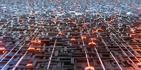 Concept big data center. Printed circuit board futuristic server. Circuit board futuristic server code processing. Orange, and blue technology background with perspective landscape. 3d rendering