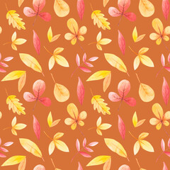 Watercolor yellow, orange and red leaves seamless pattern. Hello November, October, September