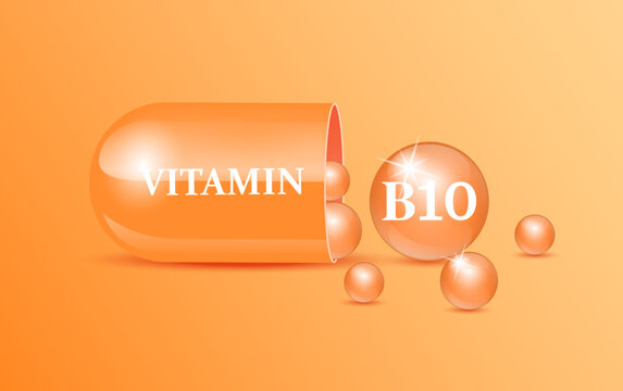 Capsule vitamin B10 structure orange and white with circular bubbles flowing out orange background. Beauty concept. Personal care. 3D Vector Illustration. transparent capsule pill. Drug business.
