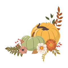 Cartoon Thanksgiving pumpkins, flowers and forest leaves corner frame arrangement. Isolated on white background. Seasonal harvest design for greeting or poster.