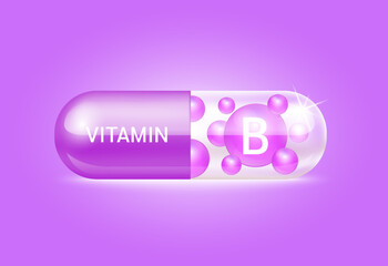 Capsule vitamin B structure purple and white It's transparent and vitamin pill is on inside. Beauty concept. Personal care. 3D Vector Illustration. transparent capsule pill. Drug business concept.