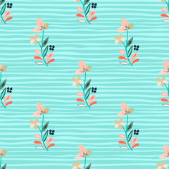 Abstract cute leaves and flower seamless pattern. Beautiful floral wallpaper. Cute plants endless backdrop.