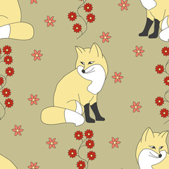 Seamless pattern with flowers and yellow foxes