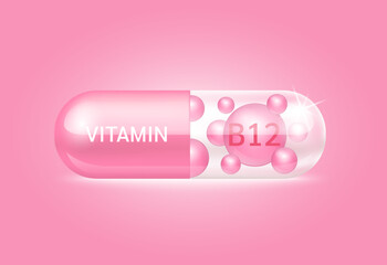 Capsule vitamin B12 structure pink and white It's transparent and vitamin pill is on inside. Beauty concept. Personal care. 3D Vector Illustration. transparent capsule pill. Drug business concept.