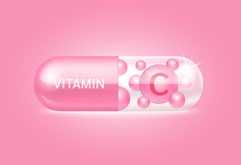 Capsule vitamin C structure pink and white It's transparent and vitamin pill is on inside. Beauty concept. Personal care. 3D Vector Illustration. transparent capsule pill. Drug business concept.