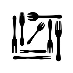 Set of fork icons on white background. Shaped into square