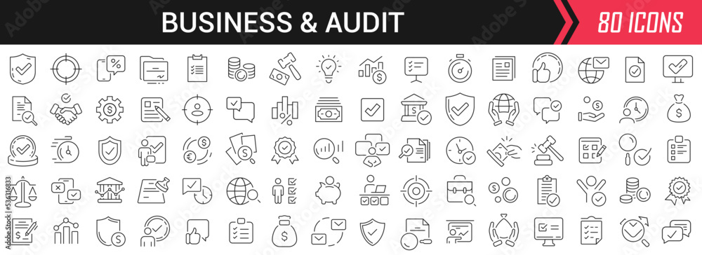 Leinwandbilder Business and audit linear icons in black. Big UI icons collection in a flat design. Thin outline signs pack. Big set of icons for design