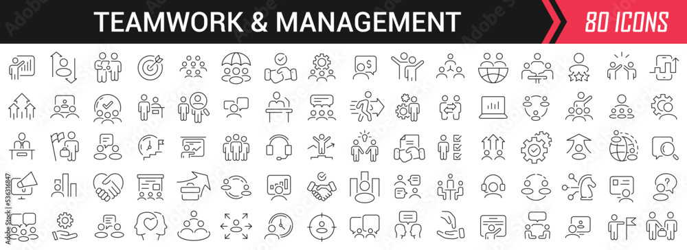 Poster Teamwork and management linear icons in black. Big UI icons collection in a flat design. Thin outline signs pack. Big set of icons for design
