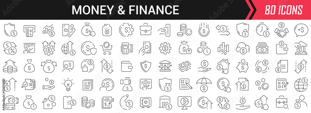 Aufkleber Money and finance linear icons in black. Big UI icons collection in a flat design. Thin outline signs pack. Big set of icons for design