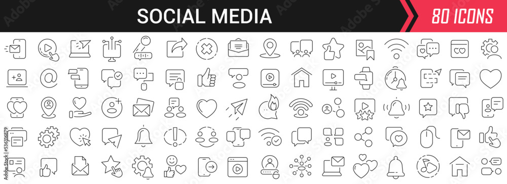Poster social media linear icons in black. big ui icons collection in a flat design. thin outline signs pac