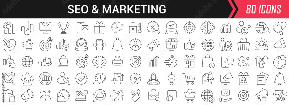 Aufkleber Seo and marketing linear icons in black. Big UI icons collection in a flat design. Thin outline signs pack. Big set of icons for design
