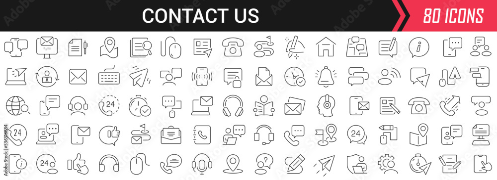 Poster contact us linear icons in black. big ui icons collection in a flat design. thin outline signs pack.
