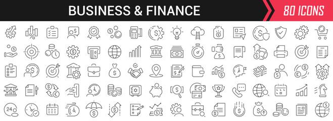 Business and finance linear icons in black. Big UI icons collection in a flat design. Thin outline signs pack. Big set of icons for design