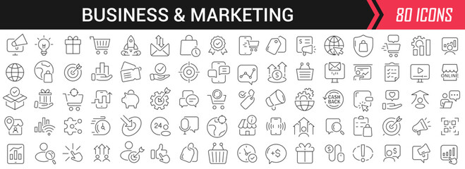 Business and marketing linear icons in black. Big UI icons collection in a flat design. Thin outline signs pack. Big set of icons for design