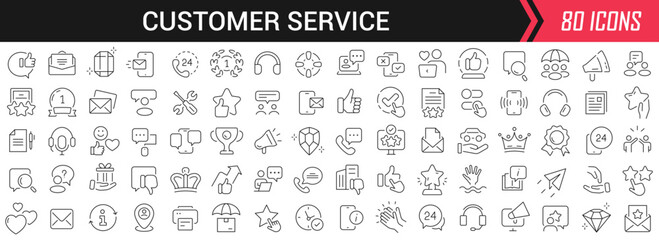 Customer service linear icons in black. Big UI icons collection in a flat design. Thin outline signs pack. Big set of icons for design