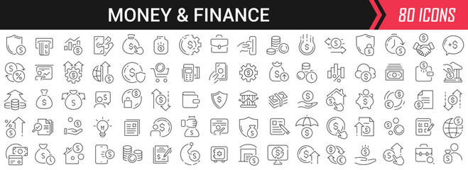 Money and finance linear icons in black. Big UI icons collection in a flat design. Thin outline signs pack. Big set of icons for design