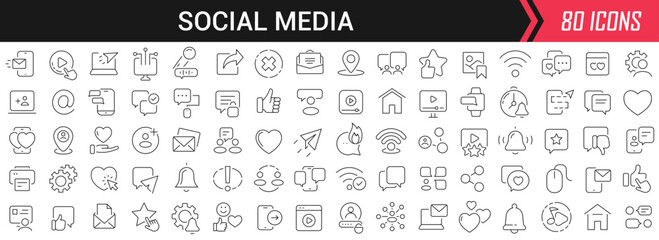 Social media linear icons in black. Big UI icons collection in a flat design. Thin outline signs pack. Big set of icons for design